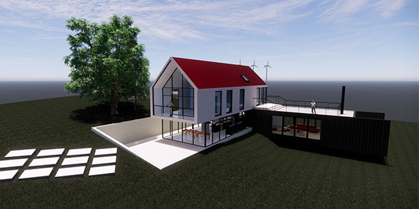 Architectural training model with a pitched-roof house and glazed ground floor