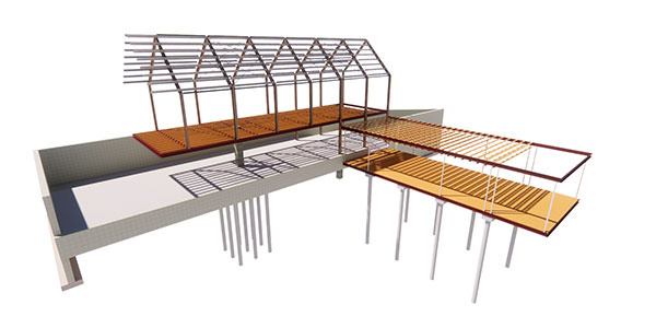 Structural training model showing a frame, floor beams, and foundations